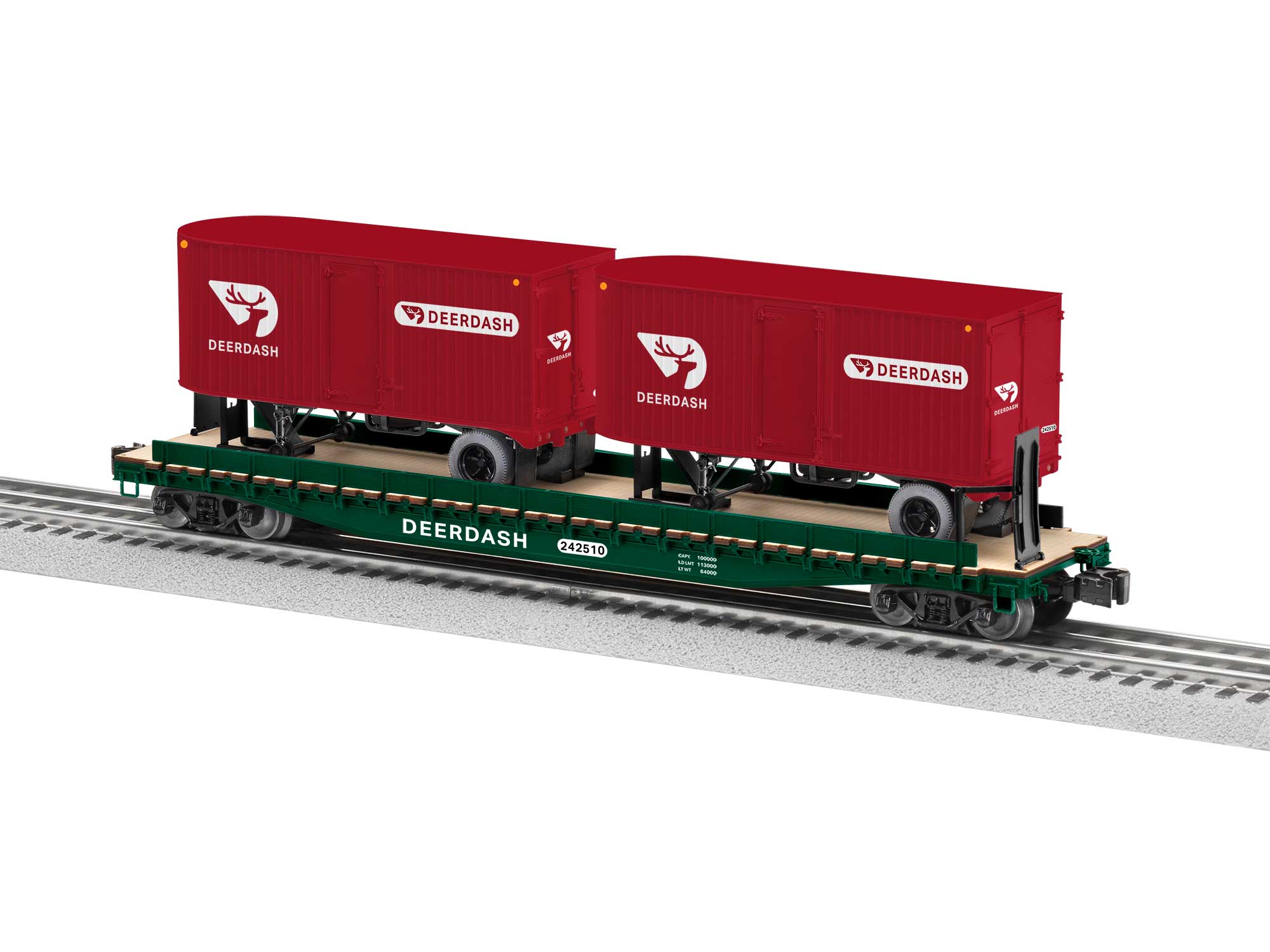 Deer Dash 50' TOFC Flatcar w/2 20' Trailers